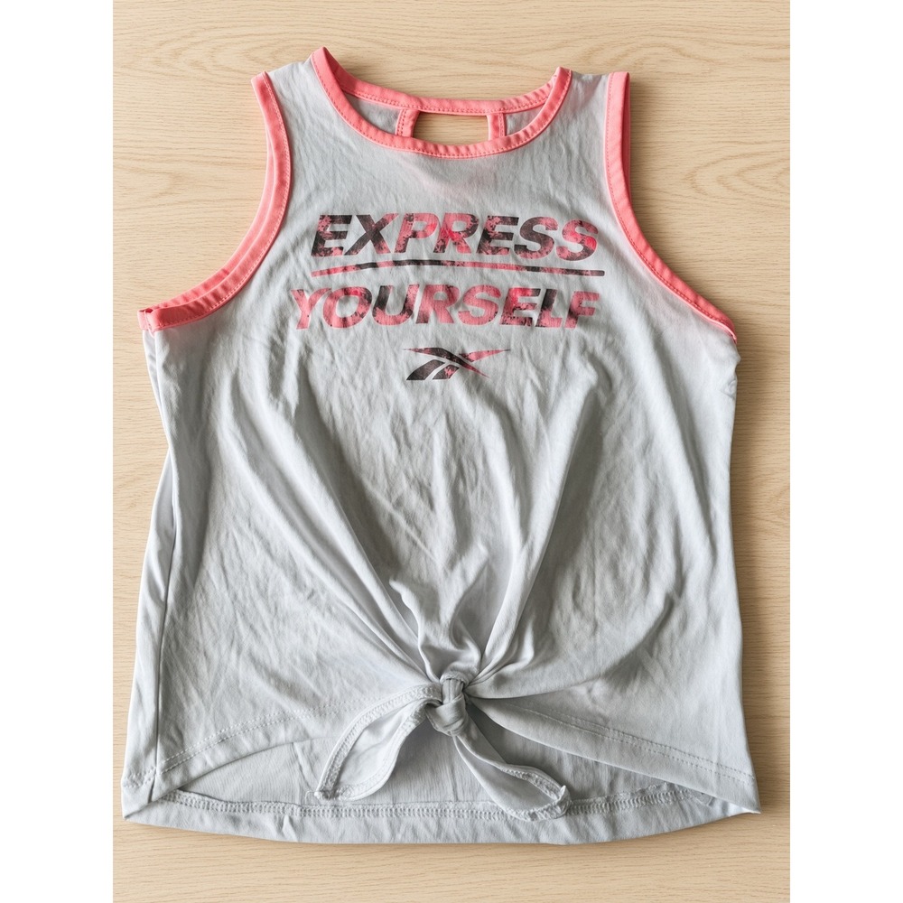 Reebok Girls Size 7 Gray Tank Top Express Yourself Graphic Tie Front Keyhole
